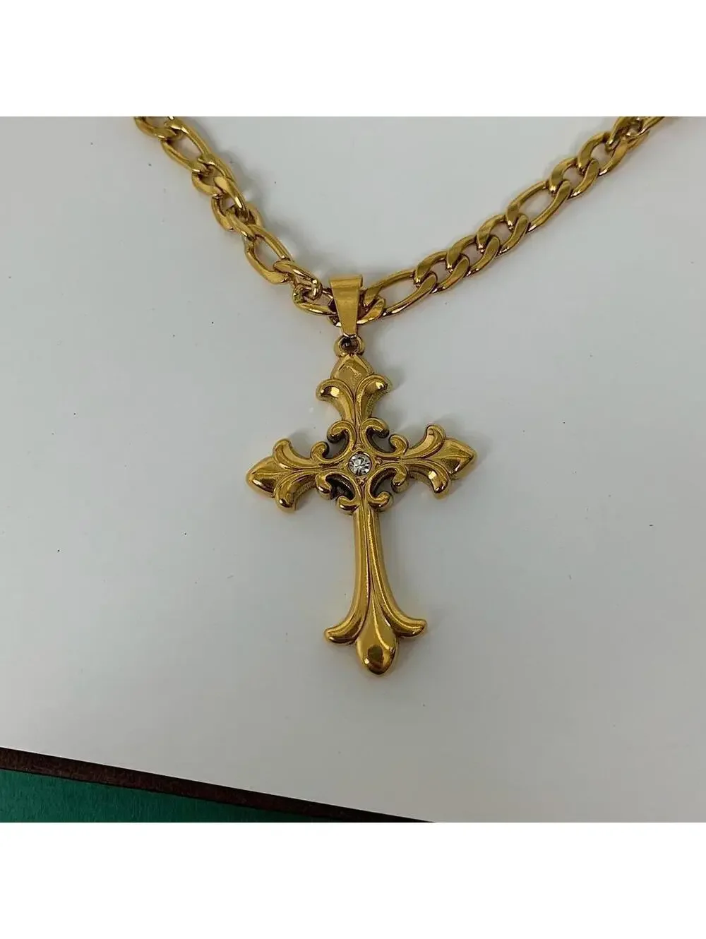 Y2k style Gold Figaro Big Gothic Rhinestone Cross Pendant Necklace. Stainless